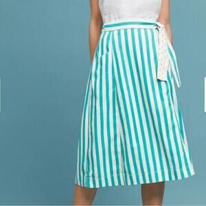 Maeve Anthropologie "Market Wrap" Skirt XS Extra Small Green Striped Linen Blend